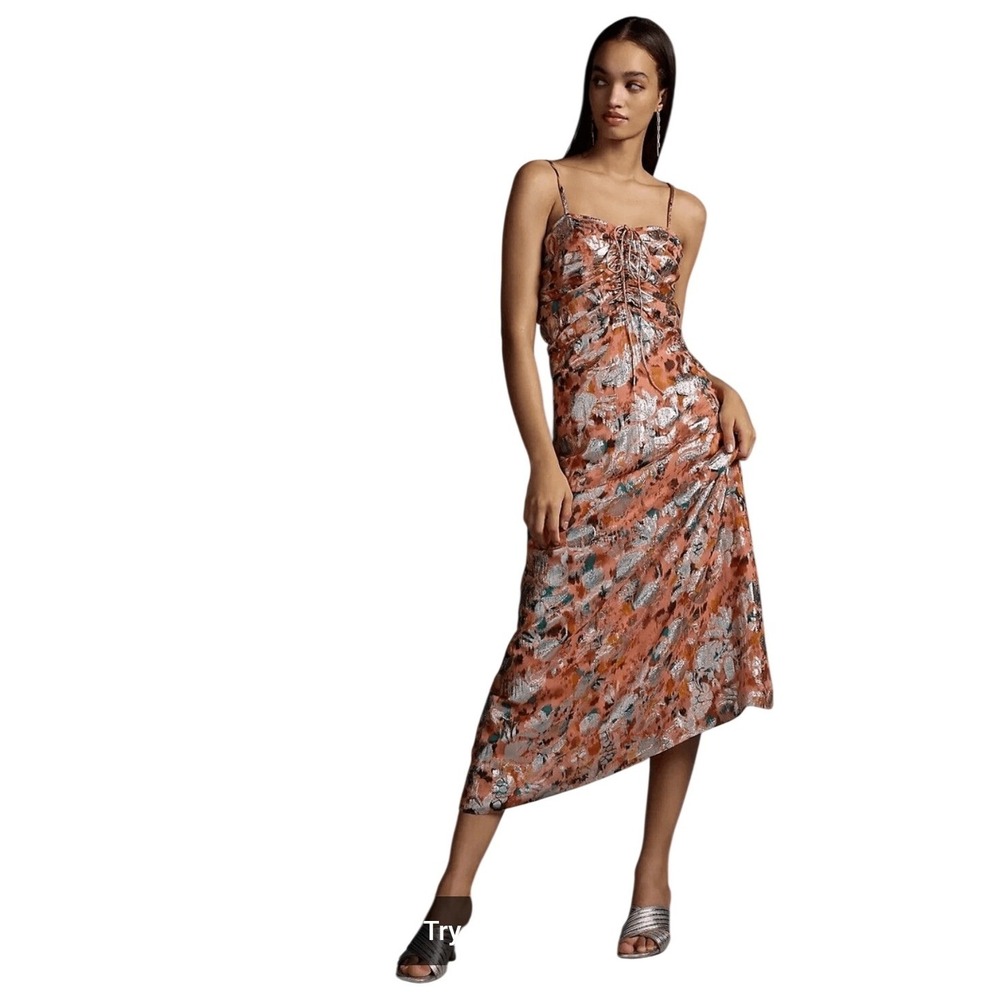Verb Pallavi Singhee Metallic Foil Ruched Midi Dress Peach Silver Floral M